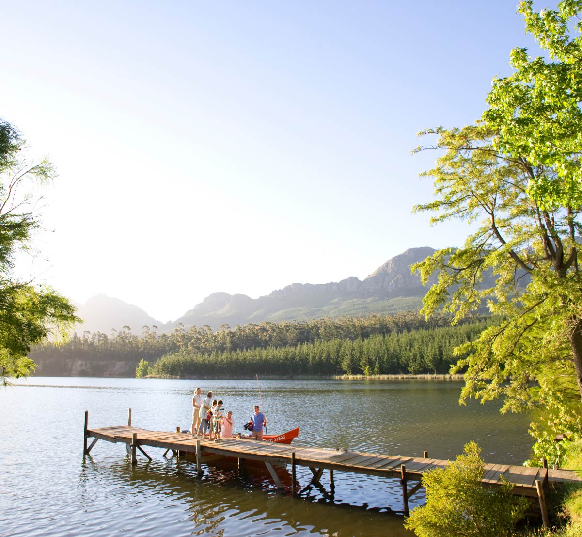 A dock on a lake on a sunny day.