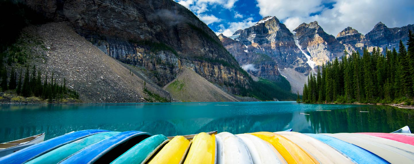 Canoes lined up along a lakeside