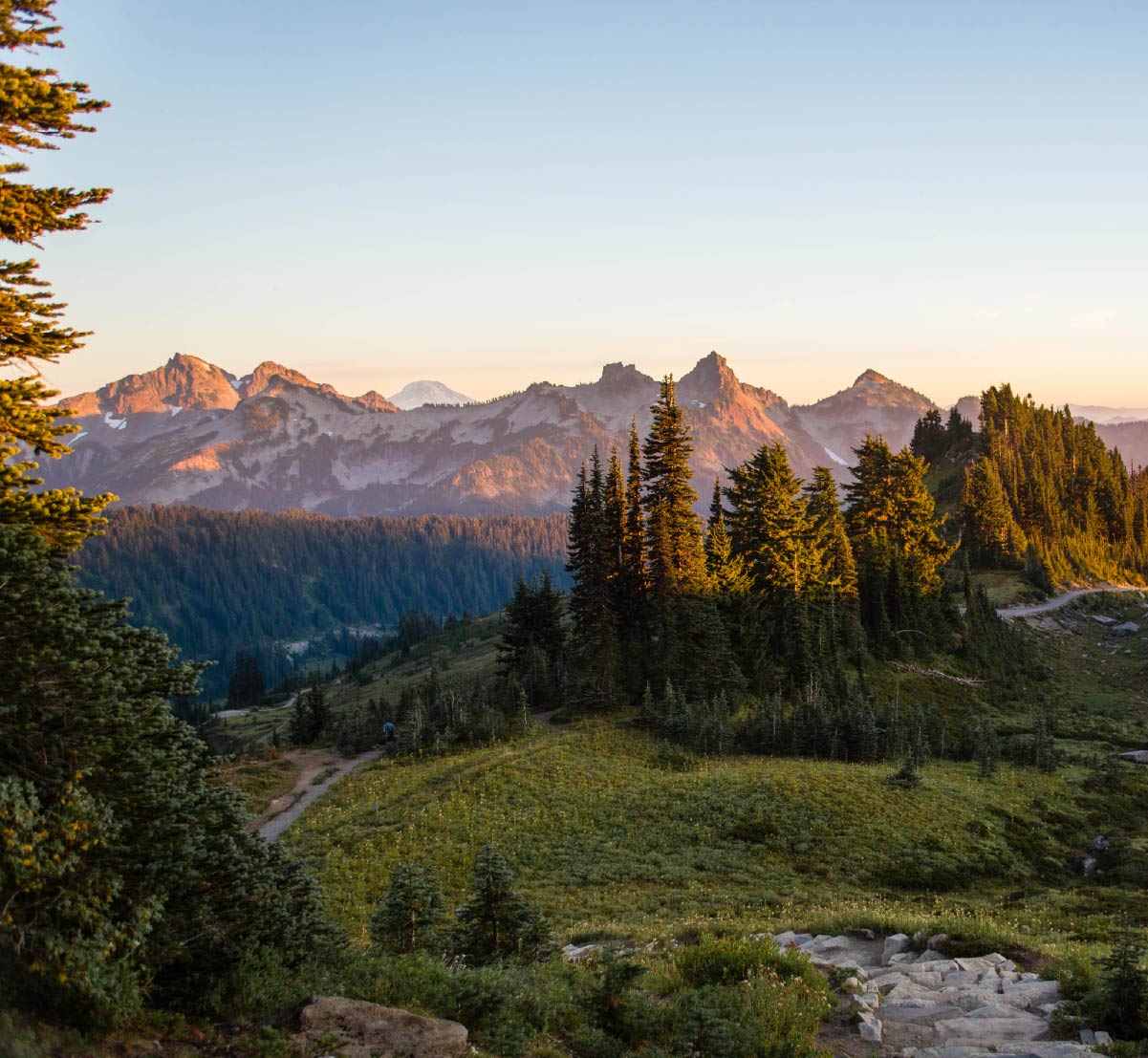 Sunset crosses over the Cascades in Paradise, Washington